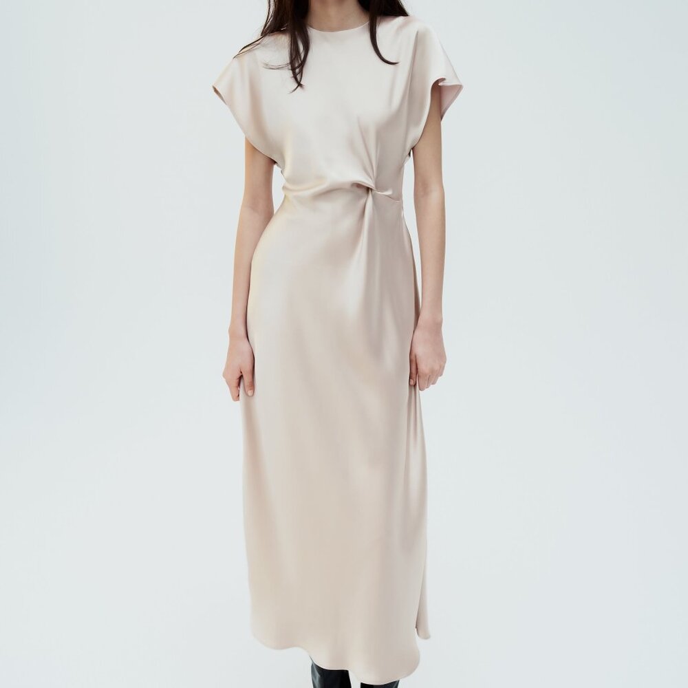 ZARA SATIN MIDI DRESS WITH GATHERED WAIST